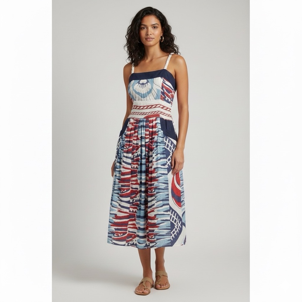 Double Zero Coastal Print Fit and Flare Scrunch Strap Dress Size S